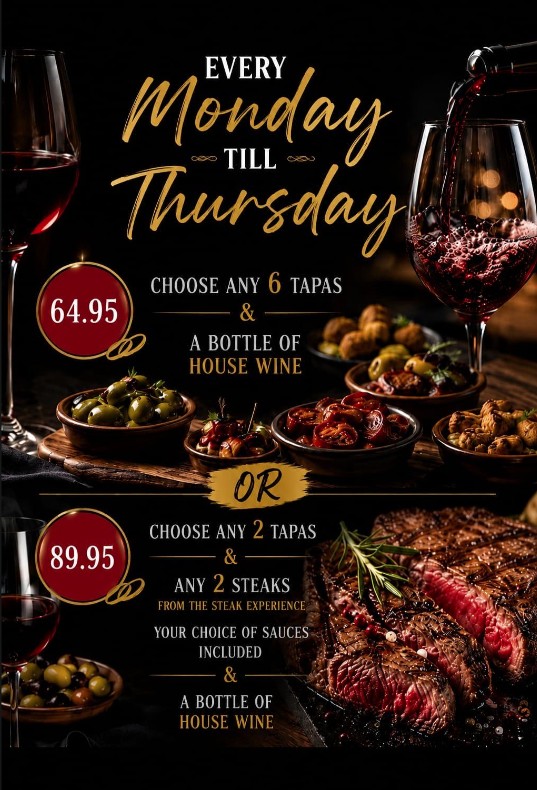 Brasa tapas steak and house wine offer