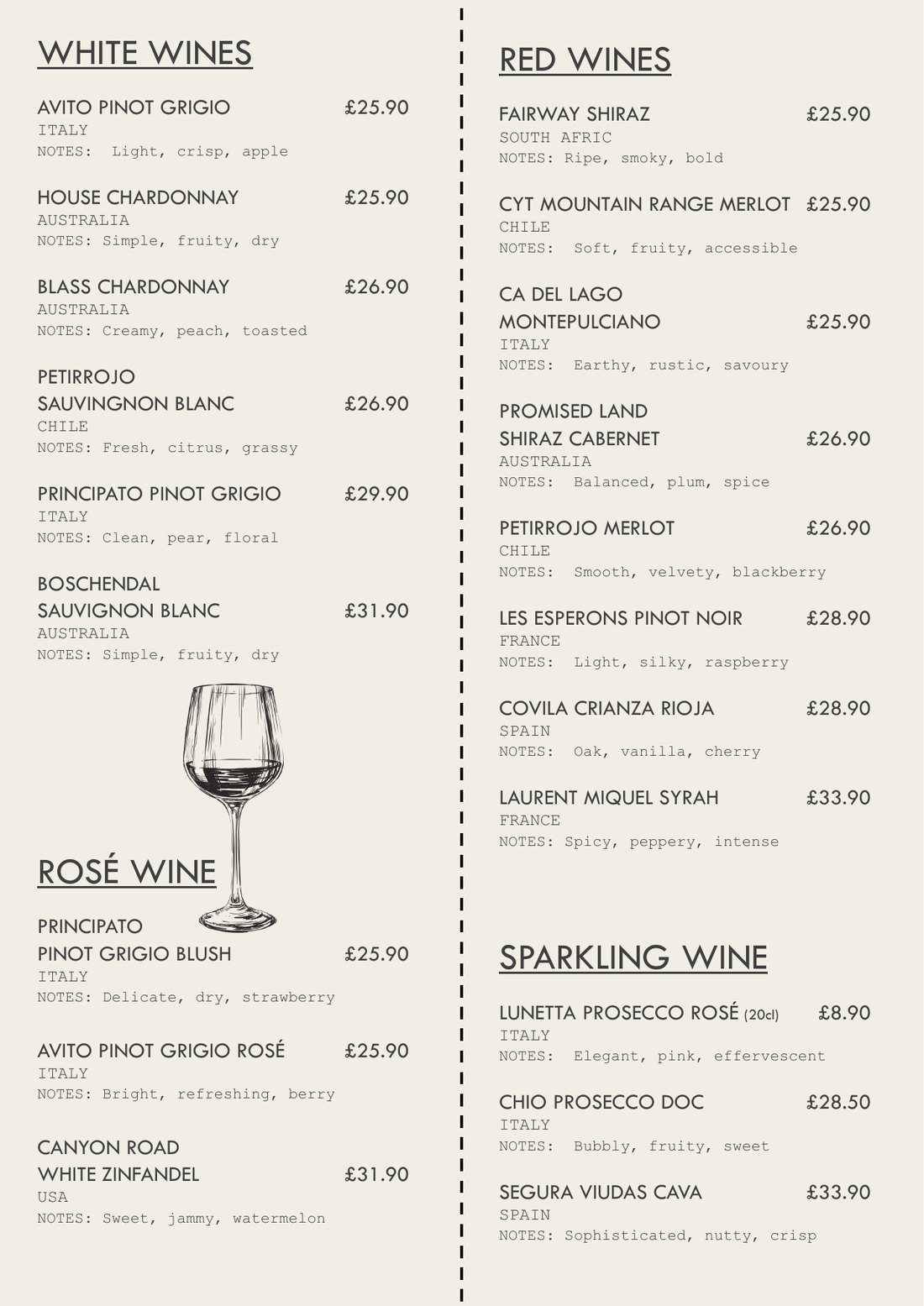 Brasa wine menu preview
